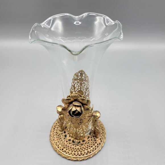 Antique Vintage Gold Brass Filigree Fluted Bud Vases Cherub Figural Design - Picture 10 of 16